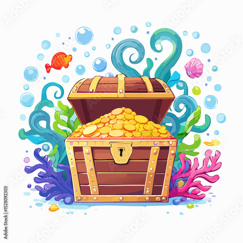 A whimsical underwater treasure chest brimming with gold coins nestled amongst vibrant coral and seaweed designs perfect for logos and branding