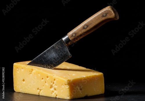 A rustic knife embedded in a fresh block of cheese — bold contrast and aged textures.