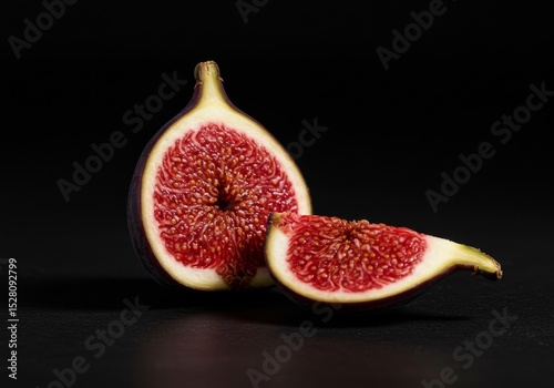 A lone fig sliced open, its deep red interior glowing against a pitch-black background,  raw, rich, and sensual.