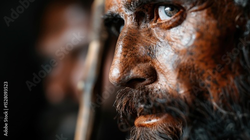 A powerful close-up of a primitive man with rugged features, evoking a sense of raw humanity and historical depth, representing our ancestral connections to nature and survival.