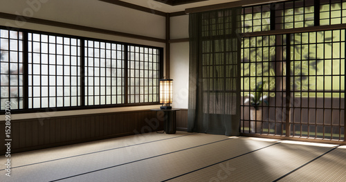 Japan modern room interior cleaning room with tatami mat and lamp Japanese style. 3D rendering