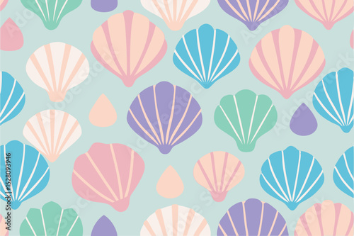 Seashell seamless vector pattern, ocean beach repeat design, coastal nautical textile print, summer seaside background