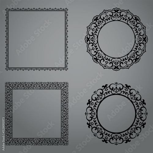 Set of decorative frames Elegant vector element for design in Eastern style, place for text. Floral black and gray borders. Lace illustration for invitations and greeting cards
