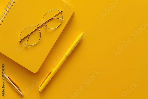Vibrant Image of a Yellow Table with a Notebook Glasses and a Pen on it