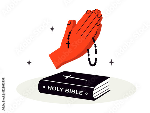 Bible and folded in prayer hands. Vector illustration on white background