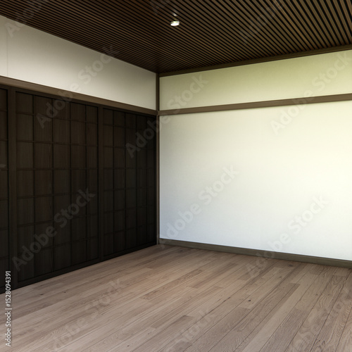 Fototapeta Naklejka Na Ścianę i Meble -  Muji style Empty room minimal with wood panels wall background 3D illustration rendering