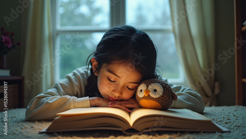 Little girl asleep on open book with stuffed owl by window