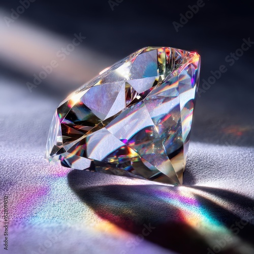 A stunning close-up of a flawless, multi-faceted diamond resting on a velvet surface, reflecting and refracting light into vivid rainbow colors. 
