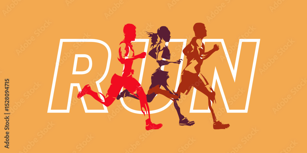 Fototapeta premium Run, group of running people, sports men and women. Set of isolated vector silhouettes, track and field athletes