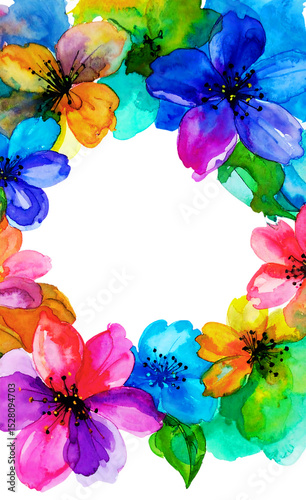 A beautiful watercolor floral frame with violet and pink blossoms, perfect for spring or summer card design	