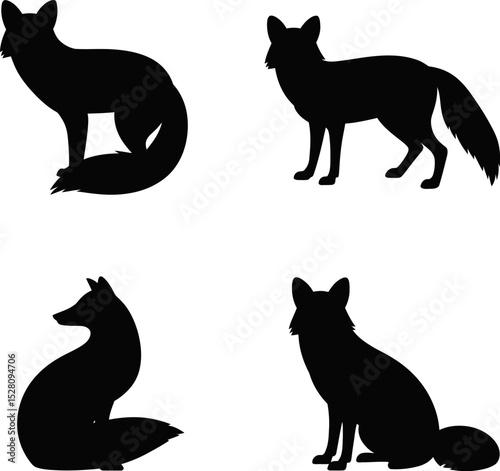 Four fox silhouettes in various poses against a plain white background