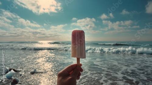 hand holding popcicle in the beach close up shot luxury, high end cinematic