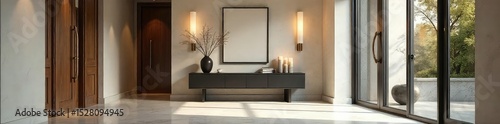 Elegant modern foyer with stylish lighting and a sleek console table, creating a welcoming and sophisticated entrance to a home Perfect for interior design inspiration , hallway, minimalist