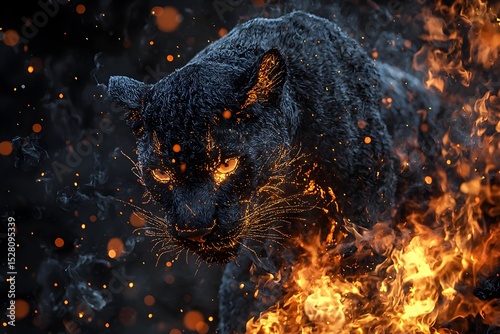 Fierce Black Panther Emerging from Flames with Intense Expression
