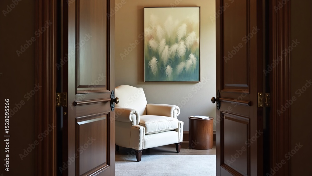 Fototapeta premium Elegant reading nook with cream armchair and artwork