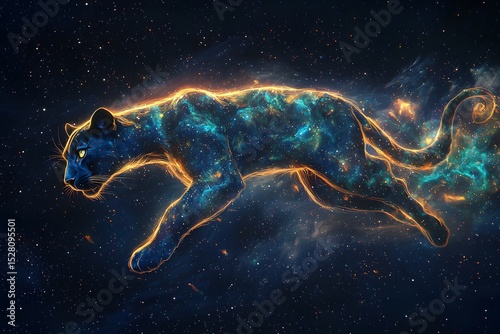 Cosmic Panther in Galactic Space, Colorful Digital Art Illustration