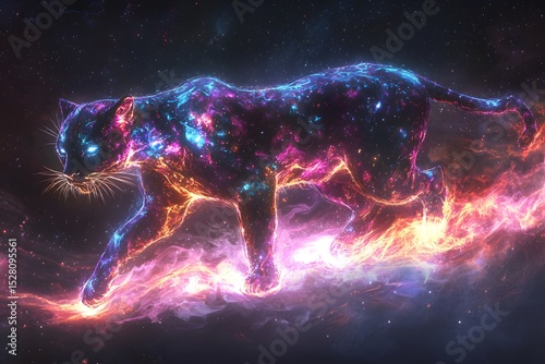 Cosmic Cat Walking Through Colorful Starry Galaxy Scene
