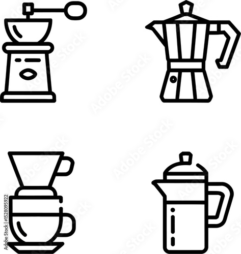 Four coffee preparation methods displayed as line art on a white background