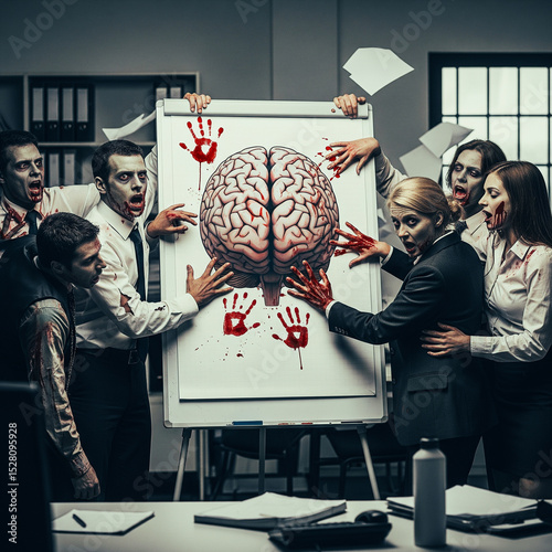 business zombies standing around a flipchart with brain.Generative AI