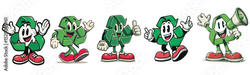 vintage retro style recycling symbol cartoon mascot character with expressive faces and gestures