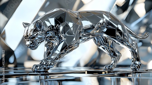 Abstract geometric panther sculpture in metallic environment