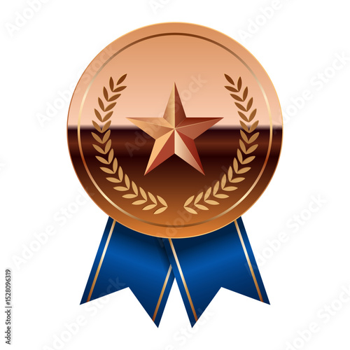 Bronze glossy mirror medal with blue ribbons and star for sport and games