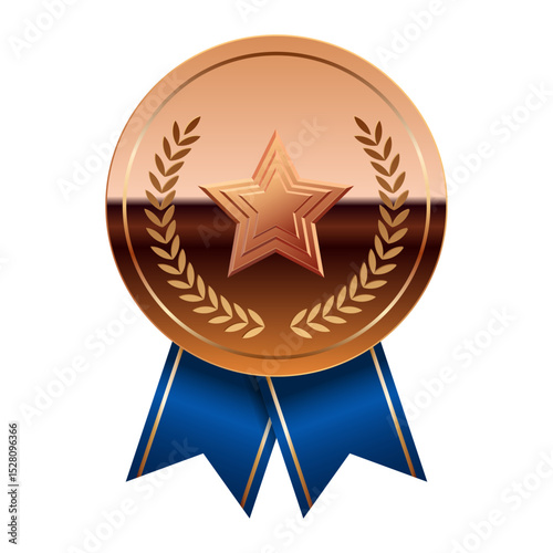 Bronze glossy mirror medal with blue ribbons and star for sport and games