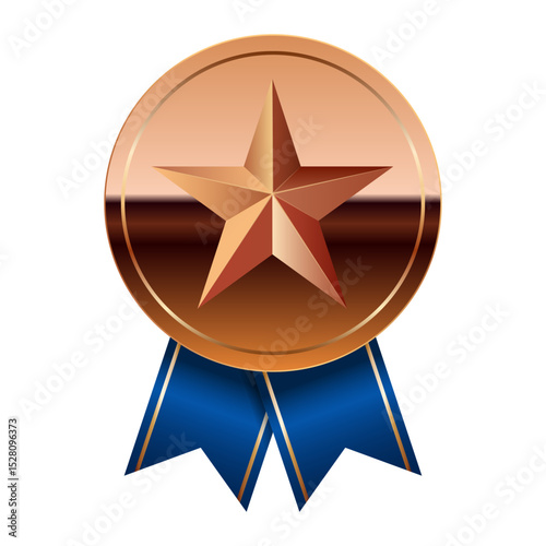 Bronze glossy mirror medal with blue ribbons and star for sport and games