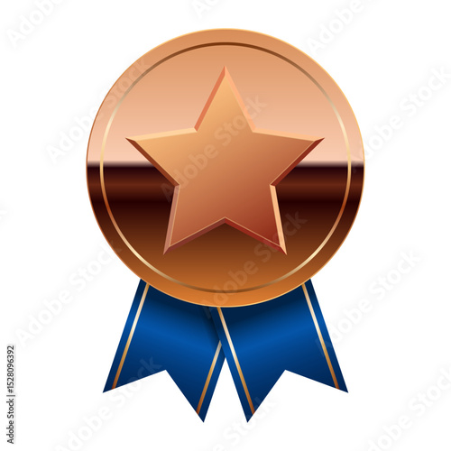 Bronze glossy mirror medal with blue ribbons and star for sport and games