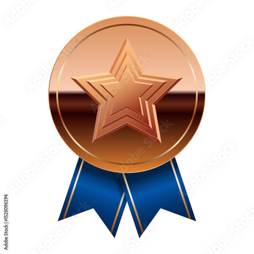 Bronze glossy mirror medal with blue ribbons and star for sport and games