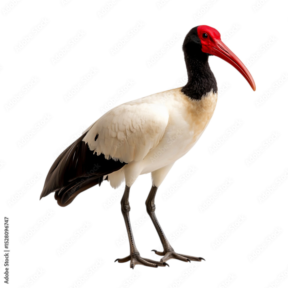 Fototapeta premium Elegant bird with striking red beak and black head stands gracefully on isolated white background