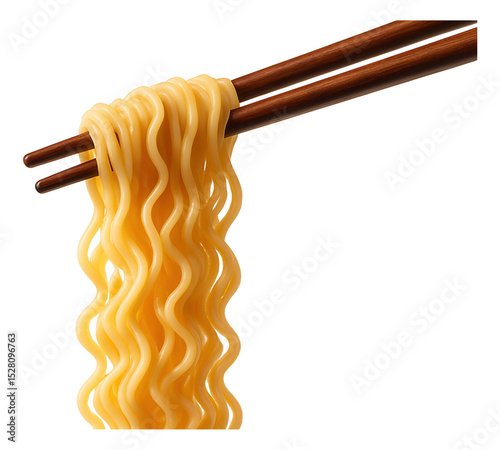 Wooden chopsticks holding a portion of wavy yellow noodles on transparent background.