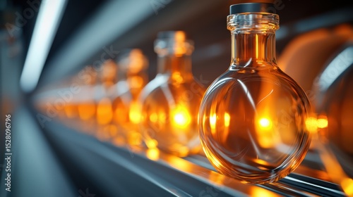 Factory Conveyor Belt with Freshly Blown Glass Bottles in a Modern Production Line with Warm Lighting and Reflection Effects