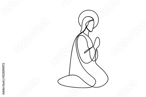 Single line drawing of praying woman holy figure