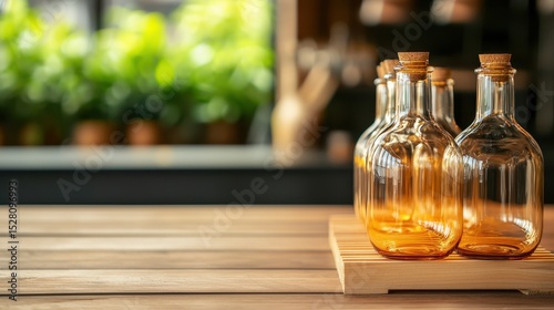 Elegant Glass Vases Cooling on Wooden Rack with Greenery Background in Modern Interior Space