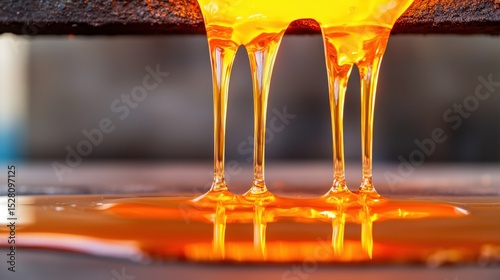 Close-up of Molten Glass Dripping from a Furnace in Rich Orange Hues, Capturing the Beauty of Glassmaking Process and Its Fluid Dynamics
