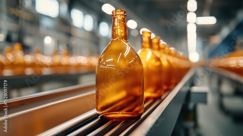 Freshly Blown Glass Bottles on Conveyor Belt in Modern Factory Setting with Blurred Background and Soft Lighting