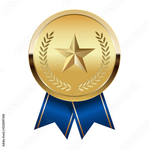 Golden award medal with blue ribbons and star for sport and games