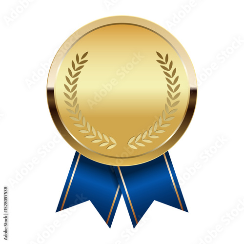 Golden award medal with blue ribbons for sport and games