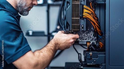 Enthusiast Customizing a PC Setup with Focus on GPU Installation in a Modern Gaming Environment