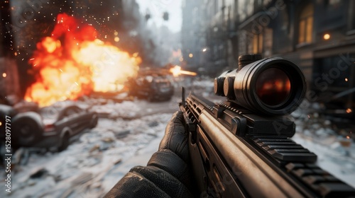 Intense Action Shot of a First-Person Shooter Game with an Ultra-Realistic Weapon Rendering in a Dynamic Urban Environment