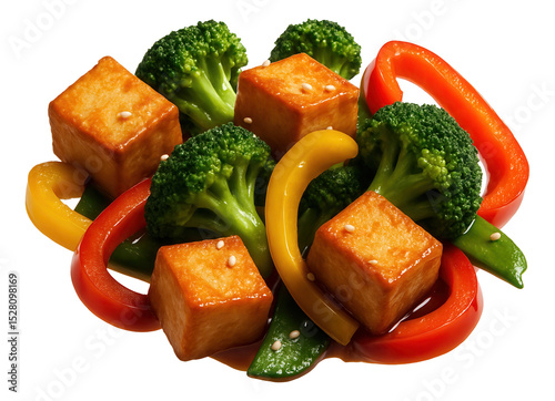 Stir-fried tofu cubes with vibrant broccoli, red and yellow bell peppers, and sesame seeds on transparent background.