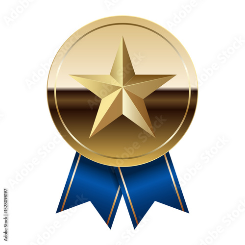 Golden glossy mirror medal with blue ribbons and star for sport and games