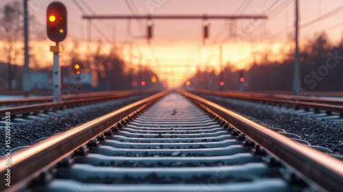 Frosted Railway Junction at Dusk with Sleek Tracks Glowing Under Soft Sunset Light