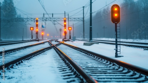 Frosted Railway Junction Tracks with Warm Glow of Signals in a Winter Landscape at Dusk