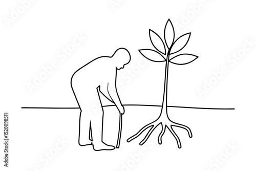 Elderly person planting a tree line drawing illustration