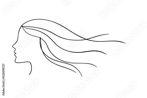 Woman profile line drawing long flowing hair wind