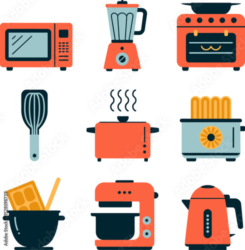 Illustration of various kitchen appliances including oven and blender set up