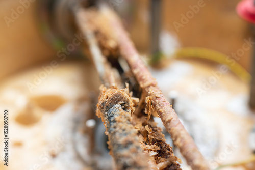 Corrosion and mineral deposits on the heating element of an electric boiler. Boiler maintenance and repair