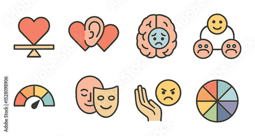 Emotional Intelligence Concept isometric set. Heart-brain balance, empathy icon, brain reading emotions, social brain, mood meter, expression mask.
